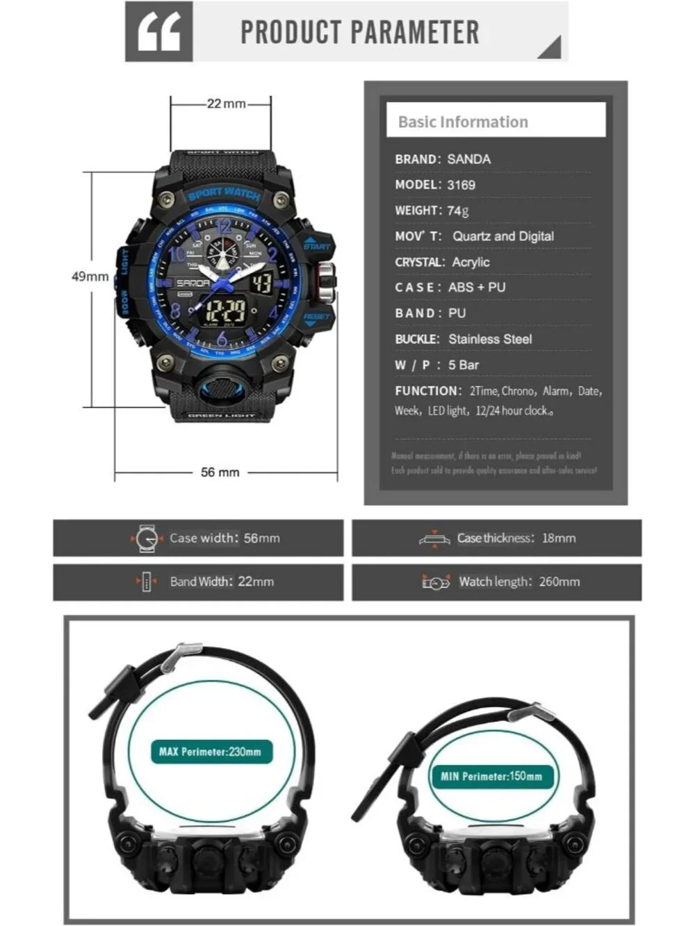 Mens Black Blue Analog Quartz Sports Waterproof Military LED Digital Wrist Watch